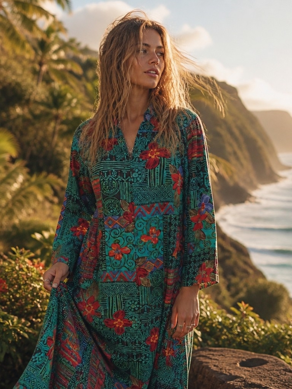 Bohemian Teal Floral Maxi Dress - Women